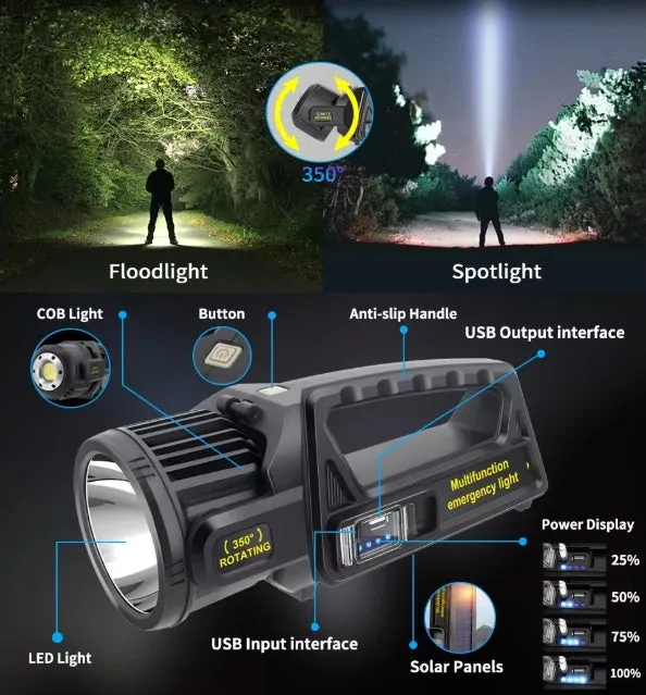 100000Lumens P70 Solar USB Charging 350¡ã Rotating 2 in 1 Flashlight Spotlight Handheld 9 Modes Outdoor Waterproof Emergency Work Lamp Lantern Bright Searchlight