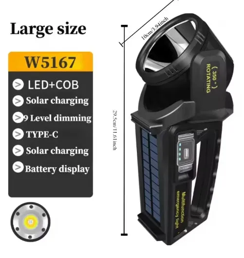 100000Lumens P70 Solar USB Charging 350¡ã Rotating 2 in 1 Flashlight Spotlight Handheld 9 Modes Outdoor Waterproof Emergency Work Lamp Lantern Bright Searchlight