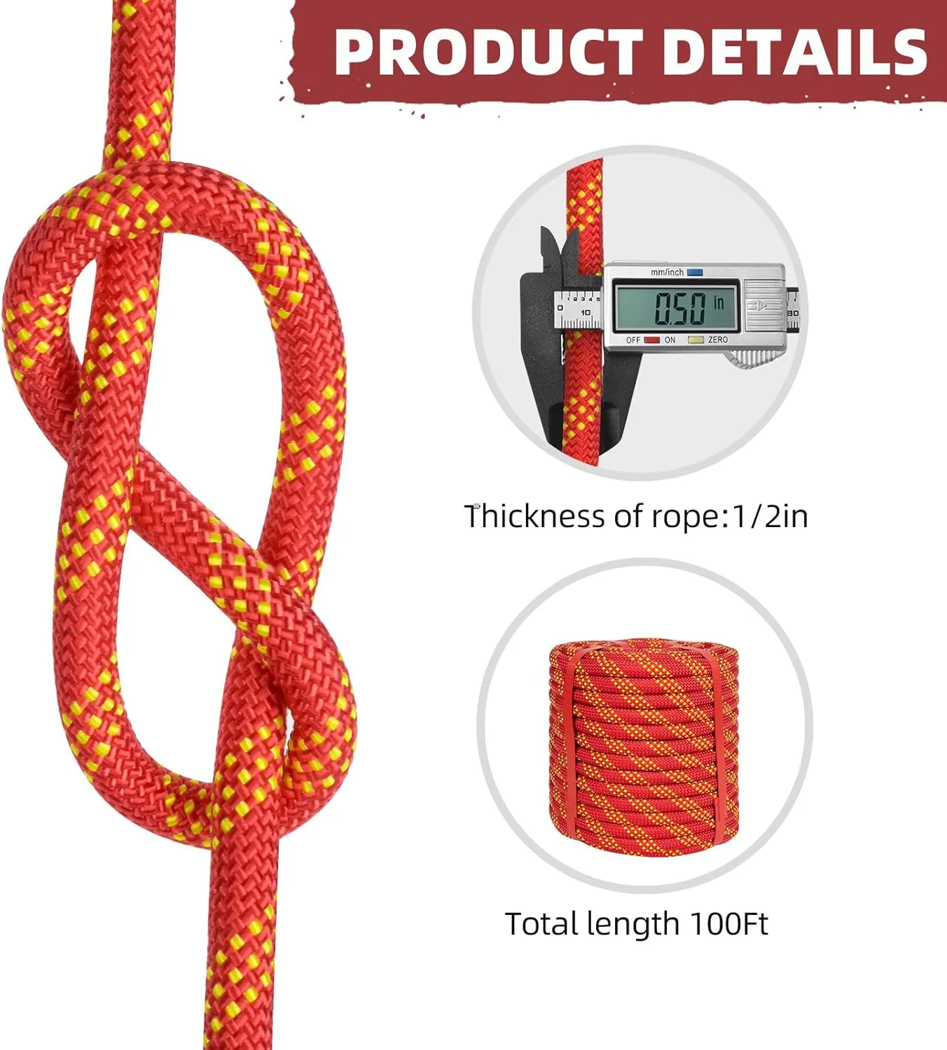 1/2 Inch Climbing Rope 100 Ft Red - 48 Strands Tree Climbing,1/2in Arborist Rope,Rappelling Rope,Static Nylon Polyester Braided Rope,Bull Rope for Tree Pulling,Nautical Rigging Rope Swing