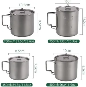 1PC Outdoor Camping Portable Pure Titanium Mug Camping Folding Water Cup with Lid(A750ml)