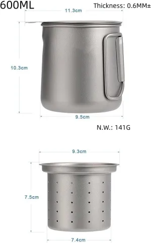 1PC Outdoor Pure Titanium Mug 600ML Camping Portable Titanium Tea Cup with Tea Leaker