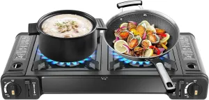 2-Burner Portable Camping Stove, Butane Propane Compatible, Outdoor Dual Fuel Stove for Camping, Barbecuing and Home Use (with Carrying Case)