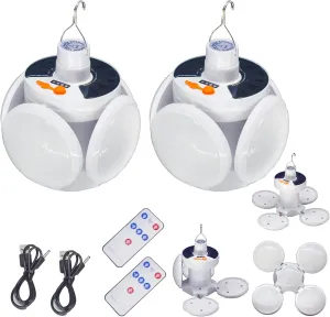 2 in 1 Folding Solar Lamp Remote Control Camping LED Lantern Blub 45LED Tent Lights 5 Mode USB Rechargeable Foldable Portable Hooked Hanging Flashlight Outdoor Fishing Emergency Power Outage 2 Pack