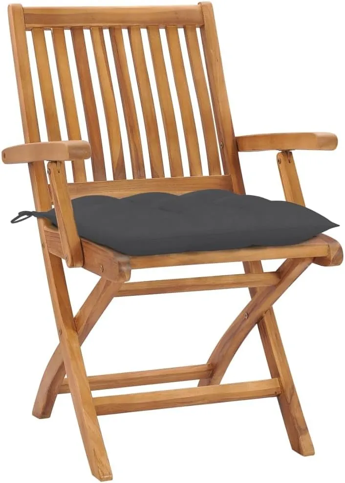 2 Pcs Foldable Patio Chairs with Anthracite Cushions Solid Teak Wood Outdoor Furniture for Patio, Lawn, Garden, Backyard and Poolside