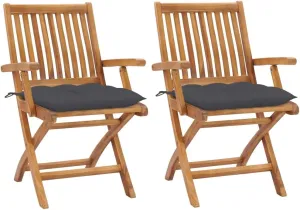 2 Pcs Foldable Patio Chairs with Anthracite Cushions Solid Teak Wood Outdoor Furniture for Patio, Lawn, Garden, Backyard and Poolside