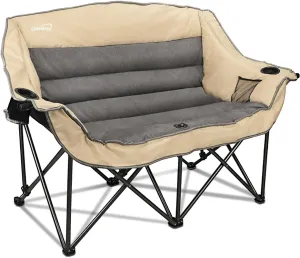 2 Person Fully Padded Camping Chair Oversized Loveseat Camping Chair Double Camping Chairs for Adults Heavy Duty Outdoor Camping Couch, Padded Seats & Armrests, 600Lbs, Beige