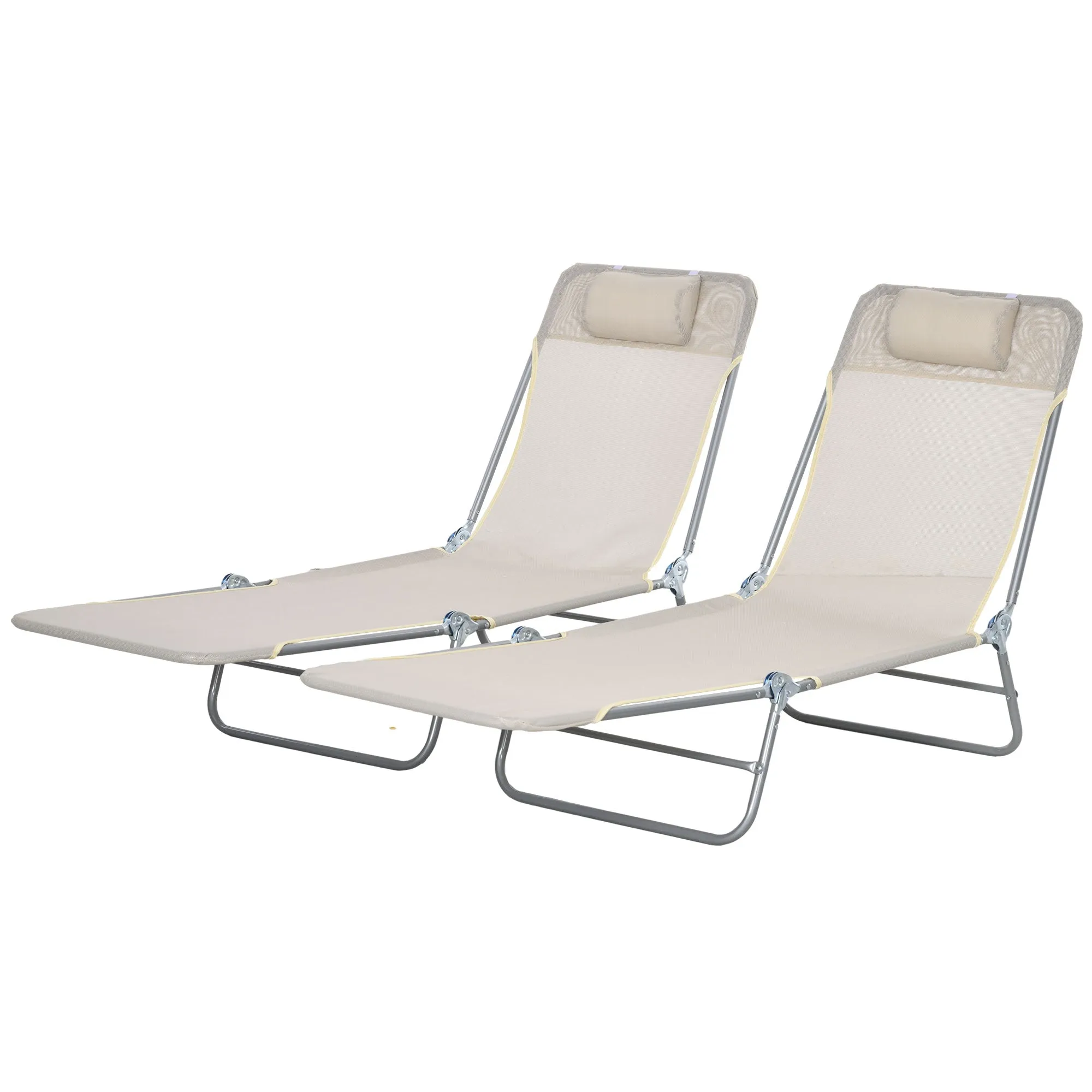 2-Piece Folding Sun Loungers with Reclining Back, Breathable Mesh & Headrest, Cream White