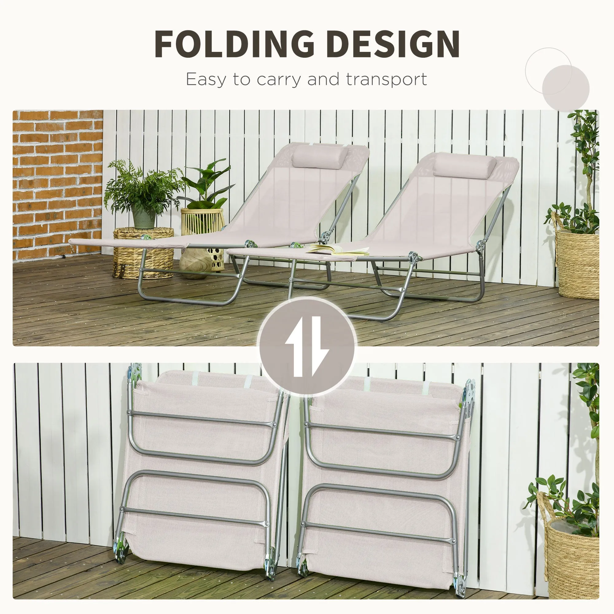 2-Piece Folding Sun Loungers with Reclining Back, Breathable Mesh & Headrest, Cream White