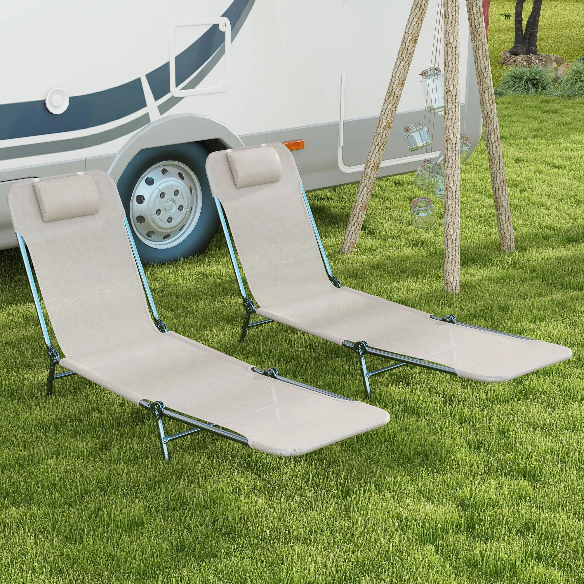 2-Piece Folding Sun Loungers with Reclining Back, Breathable Mesh & Headrest, Cream White