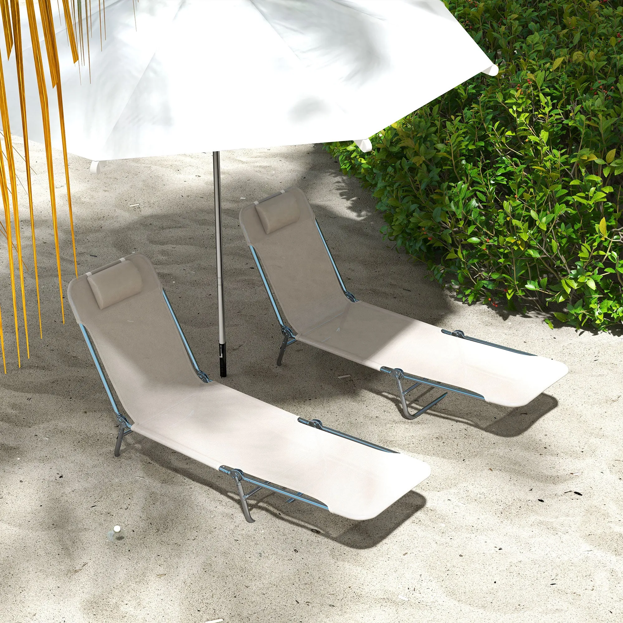 2-Piece Folding Sun Loungers with Reclining Back, Breathable Mesh & Headrest, Cream White