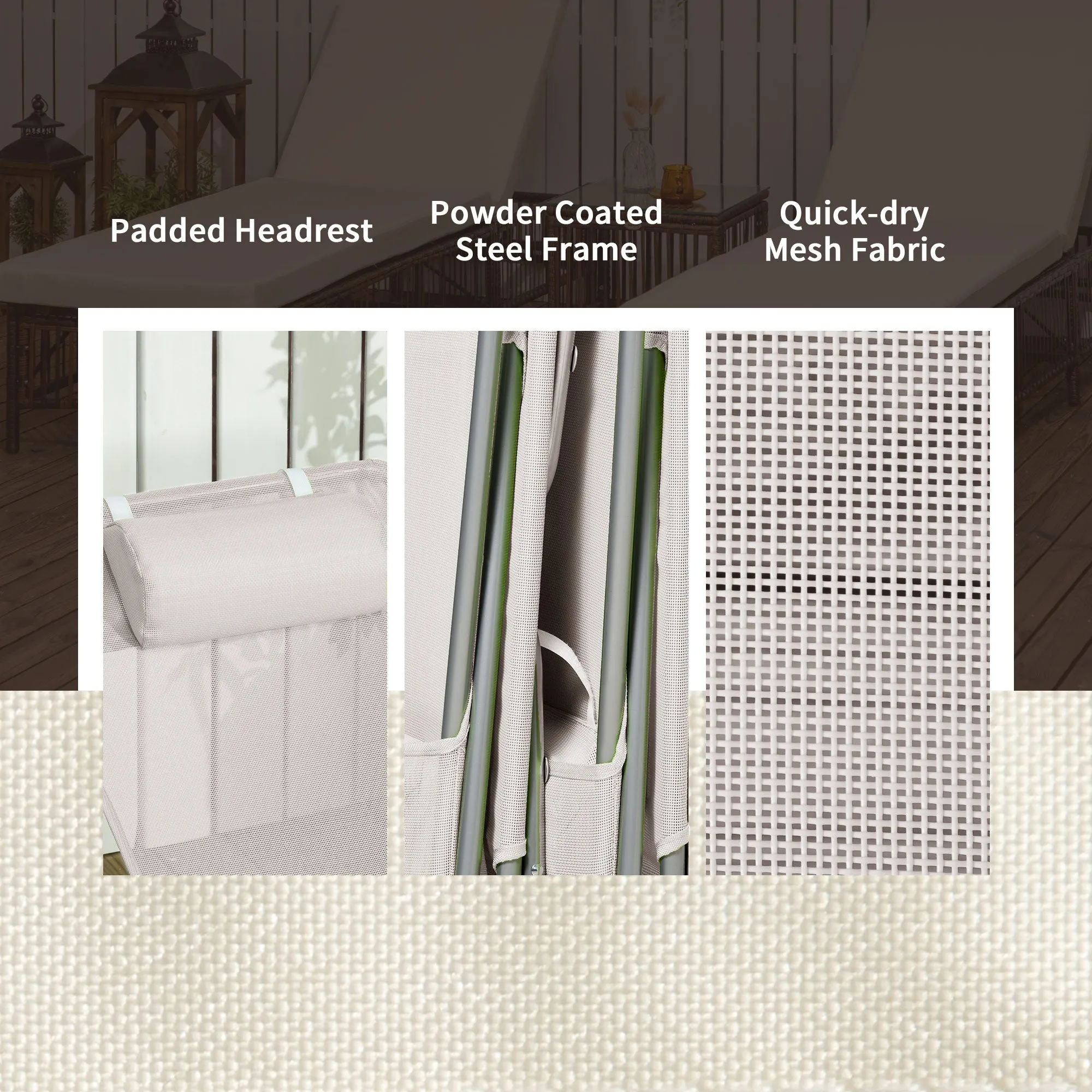 2-Piece Folding Sun Loungers with Reclining Back, Breathable Mesh & Headrest, Cream White