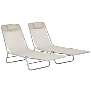 2-Piece Folding Sun Loungers with Reclining Back, Breathable Mesh & Headrest, Cream White