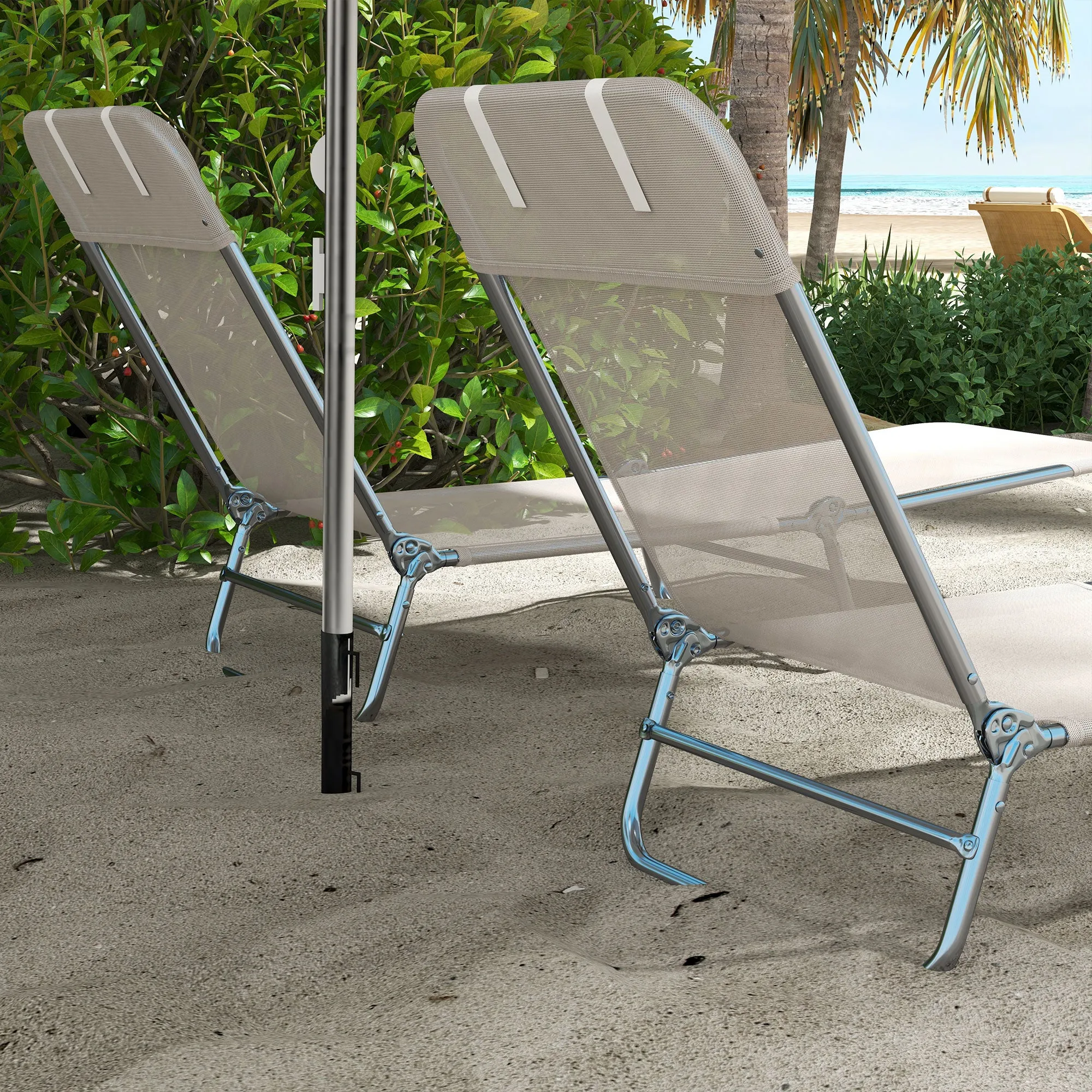 2-Piece Folding Sun Loungers with Reclining Back, Breathable Mesh & Headrest, Cream White