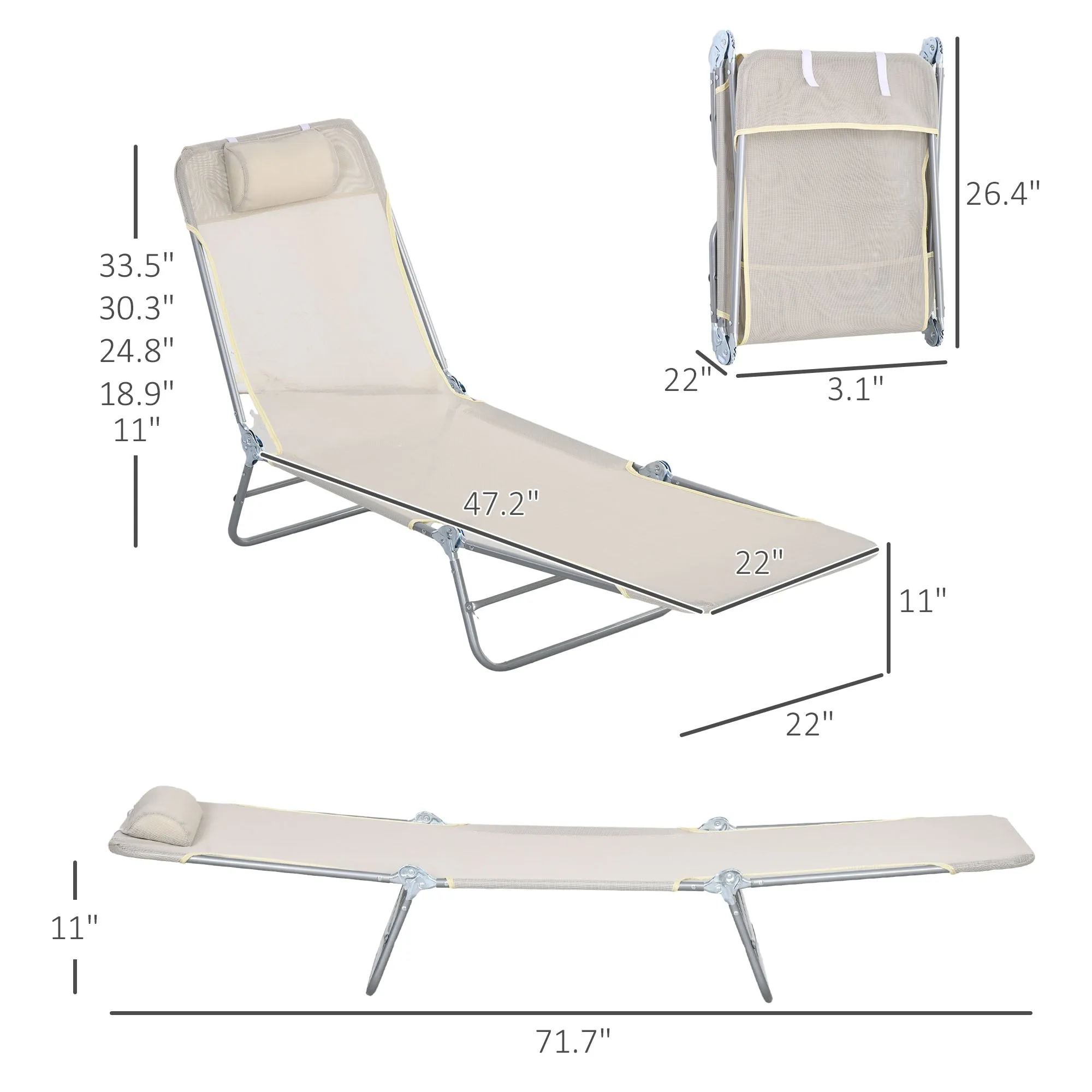 2-Piece Folding Sun Loungers with Reclining Back, Breathable Mesh & Headrest, Cream White