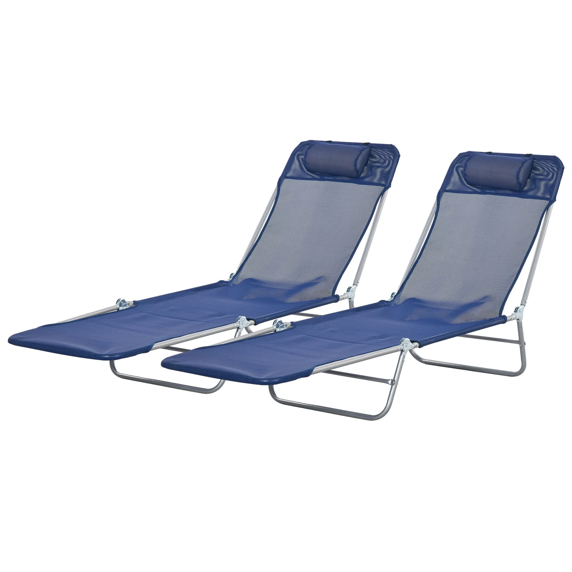2-Piece Folding Sun Loungers with Reclining Back, Breathable Mesh & Headrest, Dark Blue