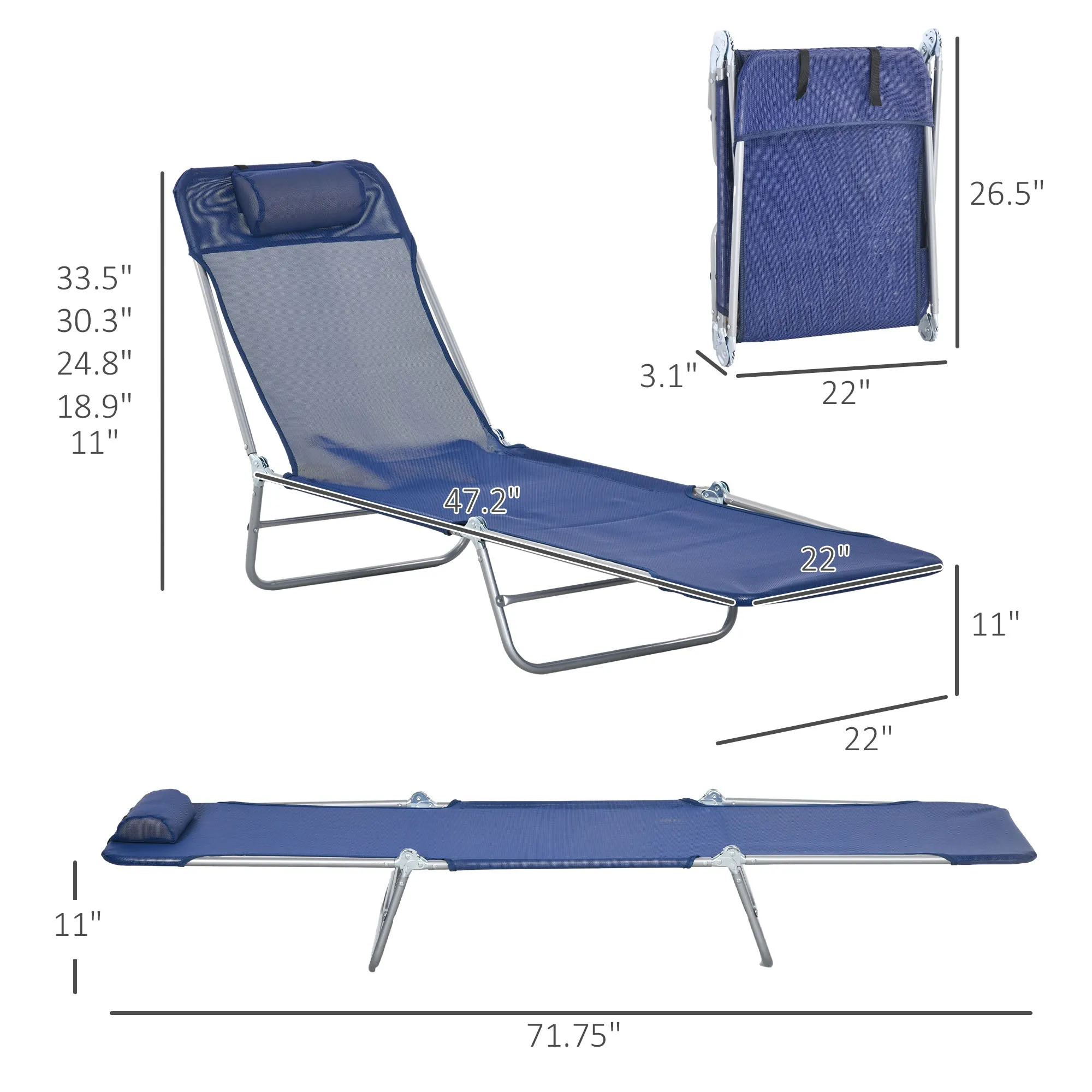 2-Piece Folding Sun Loungers with Reclining Back, Breathable Mesh & Headrest, Dark Blue