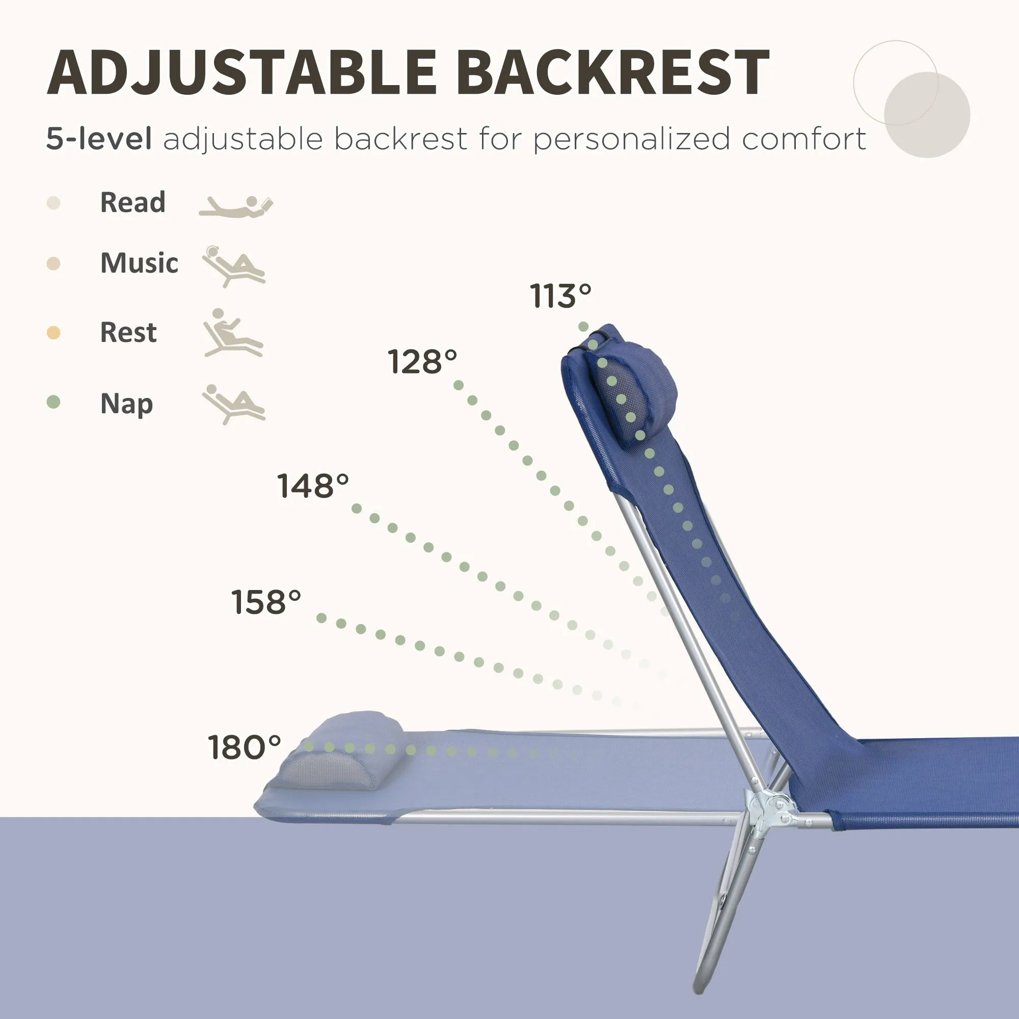 2-Piece Folding Sun Loungers with Reclining Back, Breathable Mesh & Headrest, Dark Blue