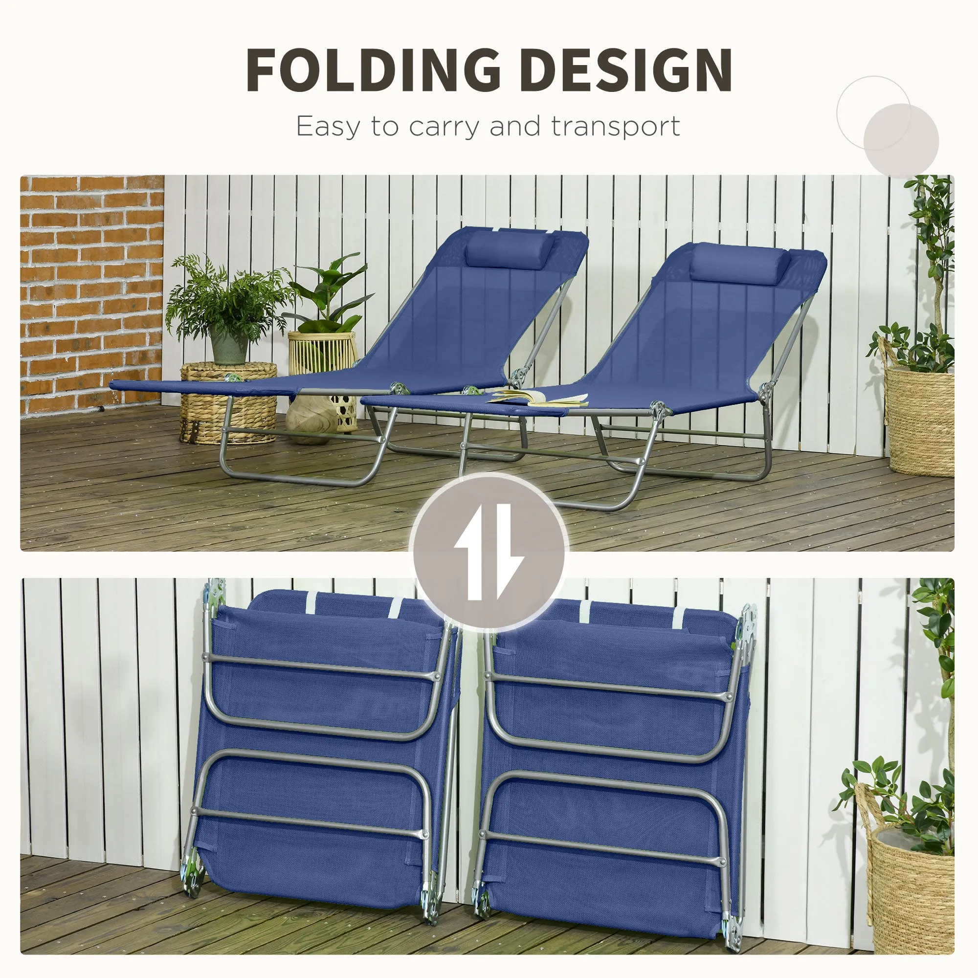 2-Piece Folding Sun Loungers with Reclining Back, Breathable Mesh & Headrest, Dark Blue