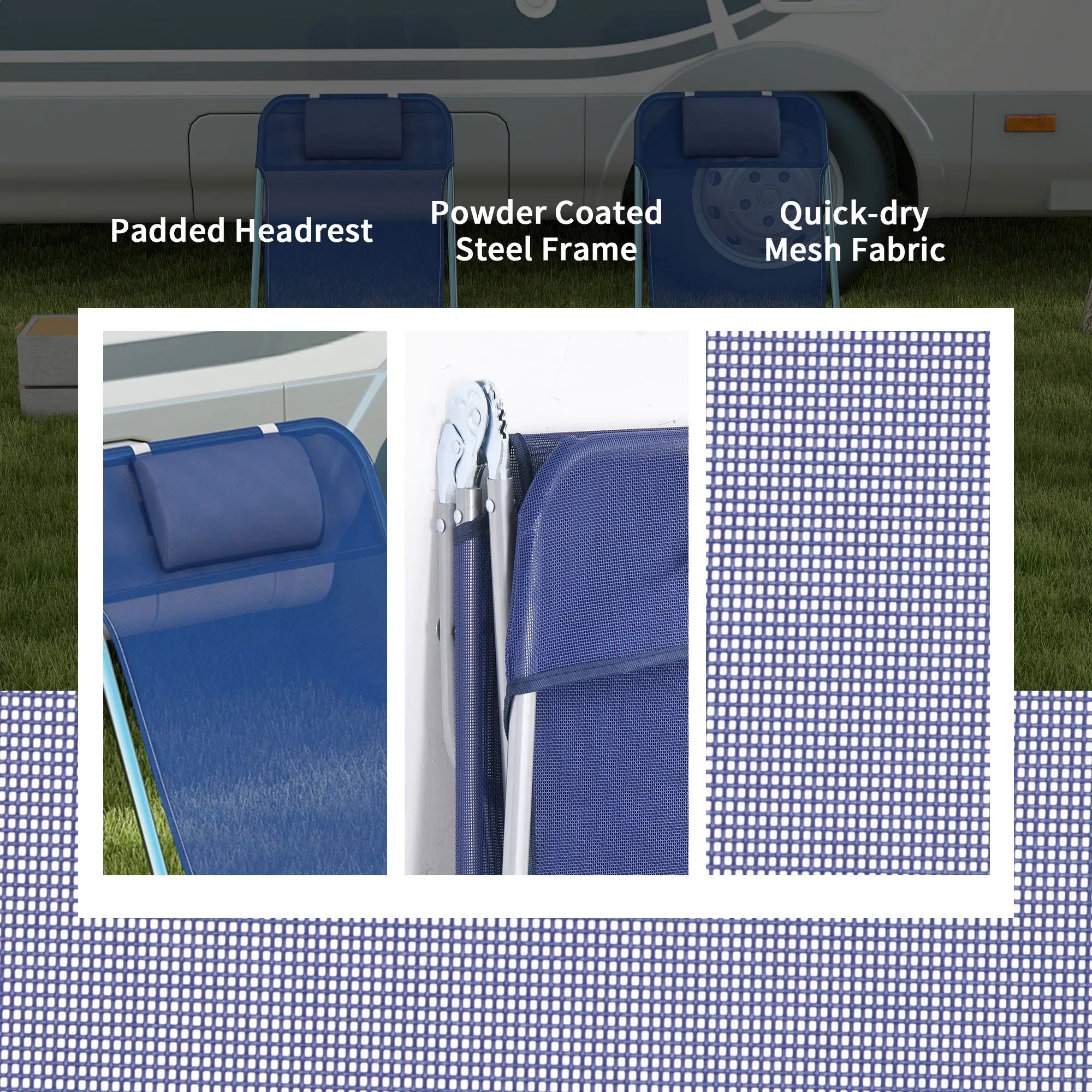 2-Piece Folding Sun Loungers with Reclining Back, Breathable Mesh & Headrest, Dark Blue