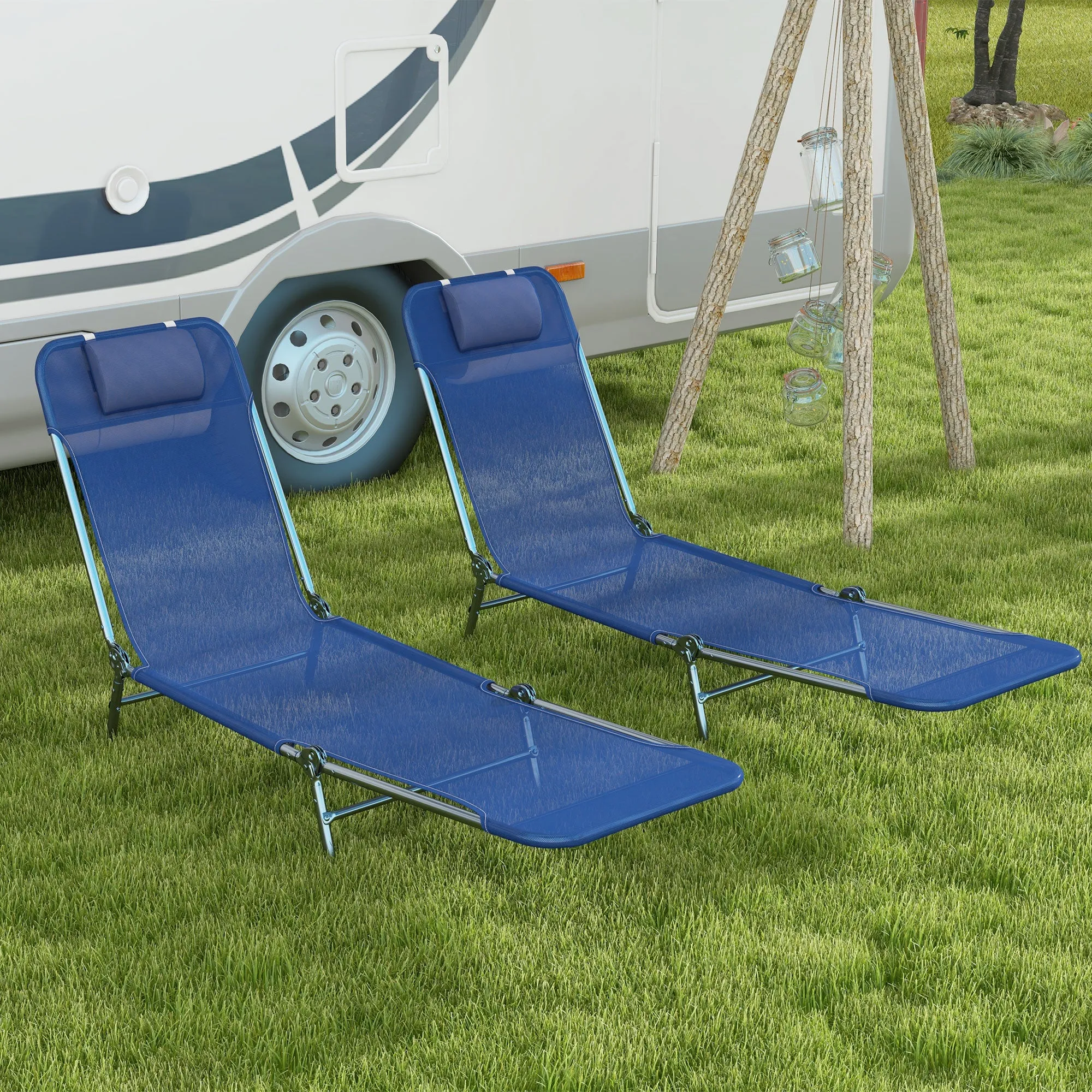 2-Piece Folding Sun Loungers with Reclining Back, Breathable Mesh & Headrest, Dark Blue