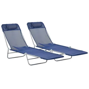 2-Piece Folding Sun Loungers with Reclining Back, Breathable Mesh & Headrest, Dark Blue