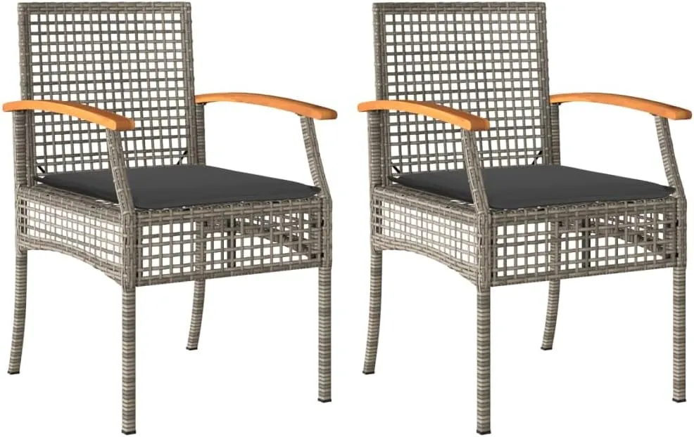 2-Piece Gray Poly Rattan Patio Chairs with Cushions, Acacia Wood & Steel Outdoor Furniture Set for Backyard, Poolside, Garden Relaxation