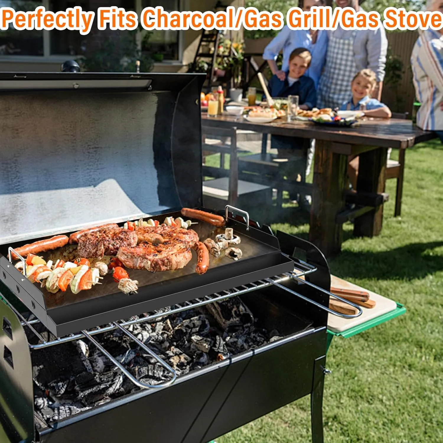 23＂×16＂ Nonstick Universal Griddle for Gas Grill, Muti-Purpose Cooking Cast Iron Griddle with Grease Groove, Pre-Seasoned Flat Top Plate Insert for Camping, Tailgating, Parties