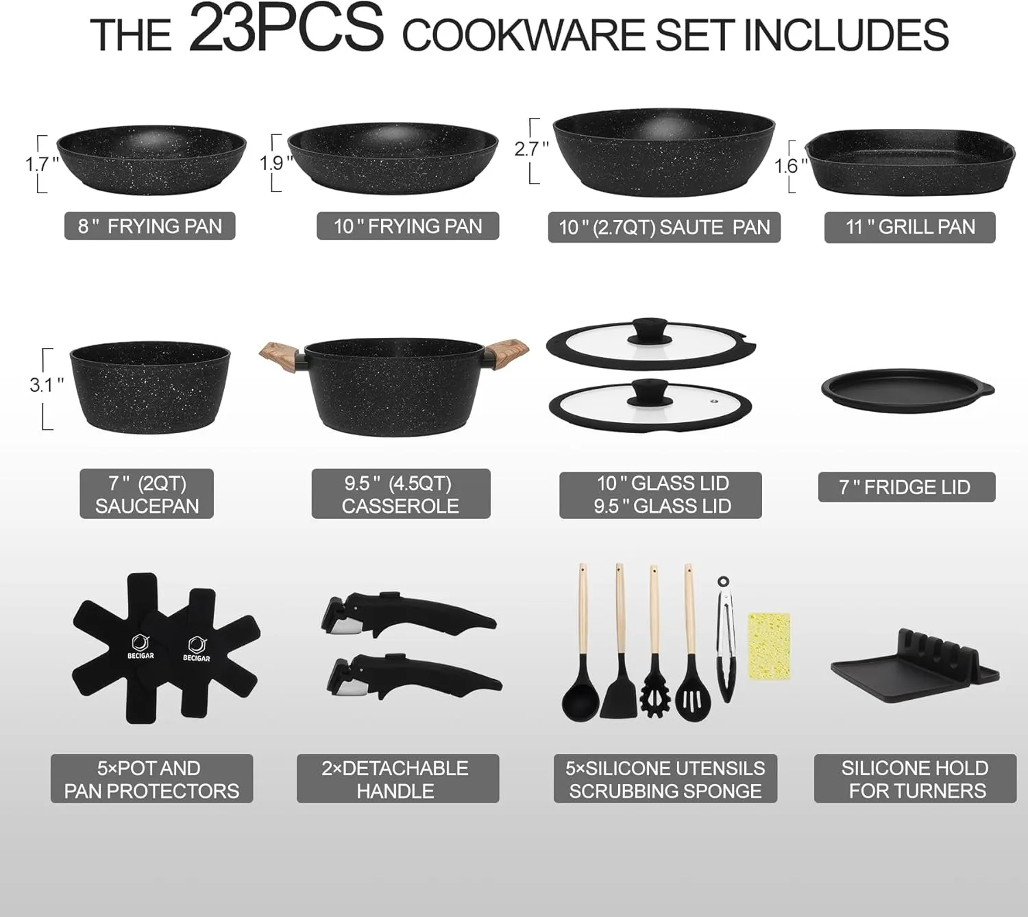 23PCS Ceramic Nonstick Cookware Set, Nonstick Detachable Handle Ceramic Cookware, Induction Kitchen Cooking Set with Removable Handle,include Frying Pans & Saucepans Oven Safe(Black)