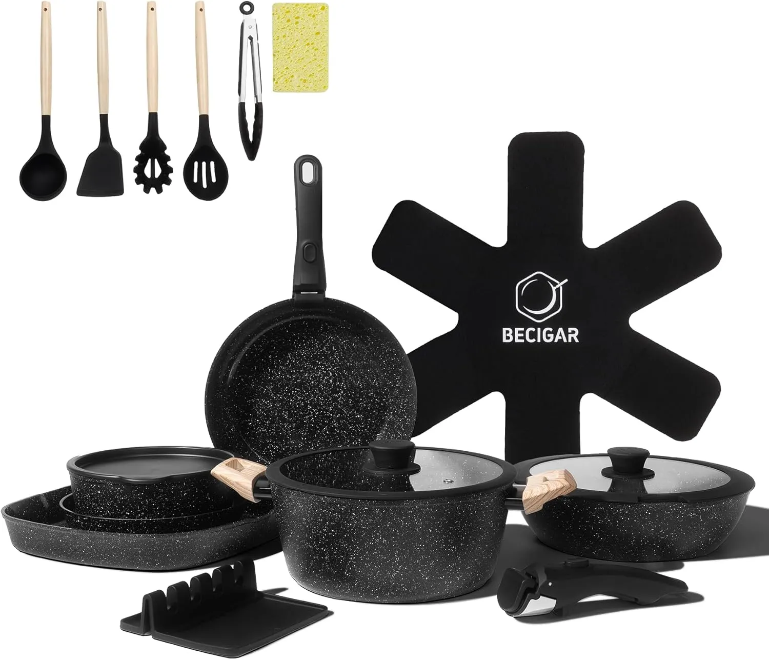 23PCS Ceramic Nonstick Cookware Set, Nonstick Detachable Handle Ceramic Cookware, Induction Kitchen Cooking Set with Removable Handle,include Frying Pans & Saucepans Oven Safe(Black)