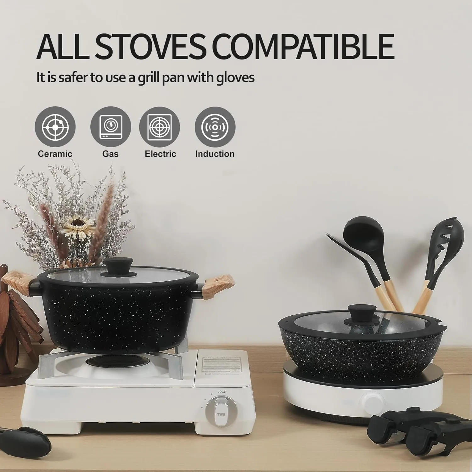 23PCS Ceramic Nonstick Cookware Set, Nonstick Detachable Handle Ceramic Cookware, Induction Kitchen Cooking Set with Removable Handle,include Frying Pans & Saucepans Oven Safe(Black)