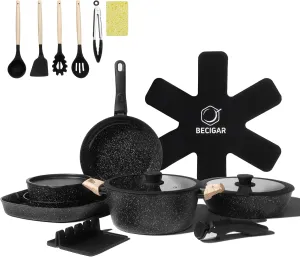 23PCS Ceramic Nonstick Cookware Set, Nonstick Detachable Handle Ceramic Cookware, Induction Kitchen Cooking Set with Removable Handle,include Frying Pans & Saucepans Oven Safe(Black)