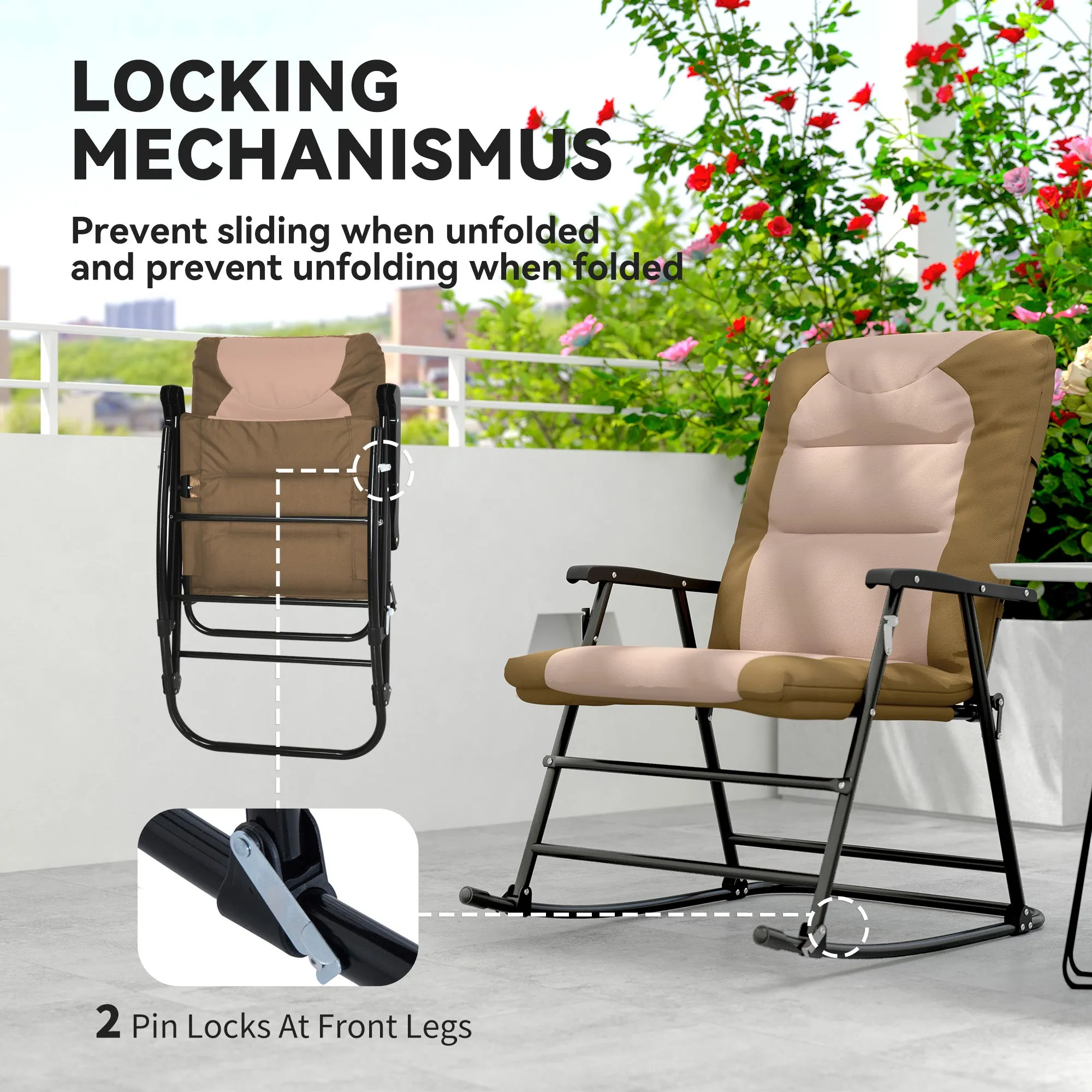 2pc Patio Foldable Rocking Chair Set w/ Soft Padded Seat, Backrest, and Headrest for park, backyard, garden, Light Brown