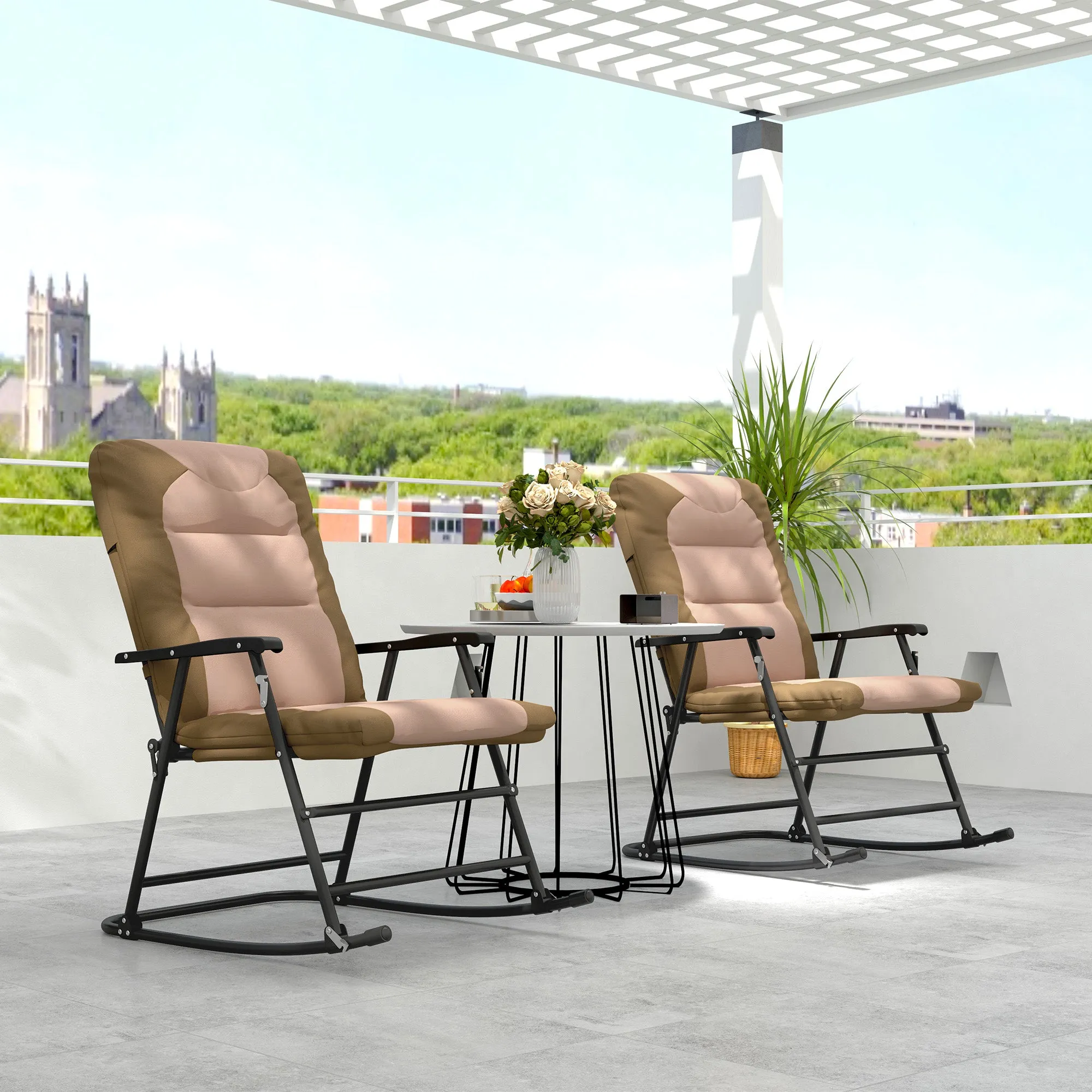 2pc Patio Foldable Rocking Chair Set w/ Soft Padded Seat, Backrest, and Headrest for park, backyard, garden, Light Brown