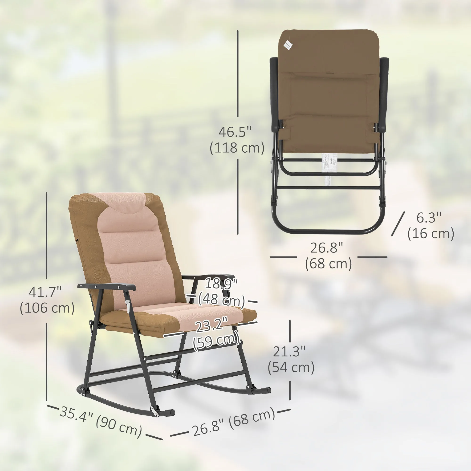 2pc Patio Foldable Rocking Chair Set w/ Soft Padded Seat, Backrest, and Headrest for park, backyard, garden, Light Brown