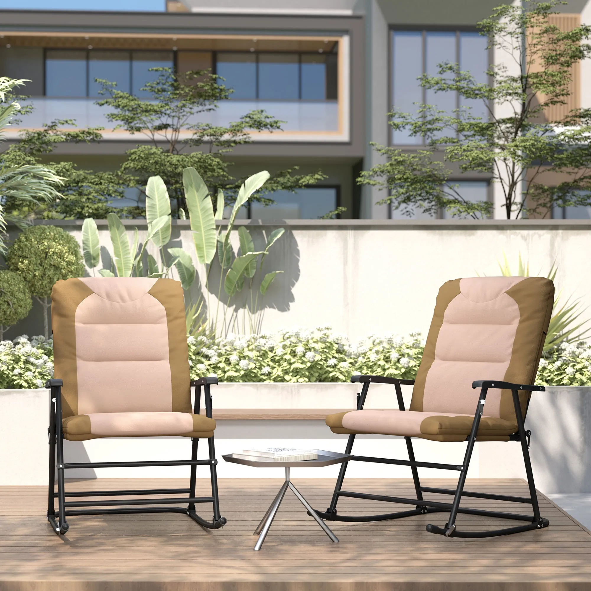 2pc Patio Foldable Rocking Chair Set w/ Soft Padded Seat, Backrest, and Headrest for park, backyard, garden, Light Brown