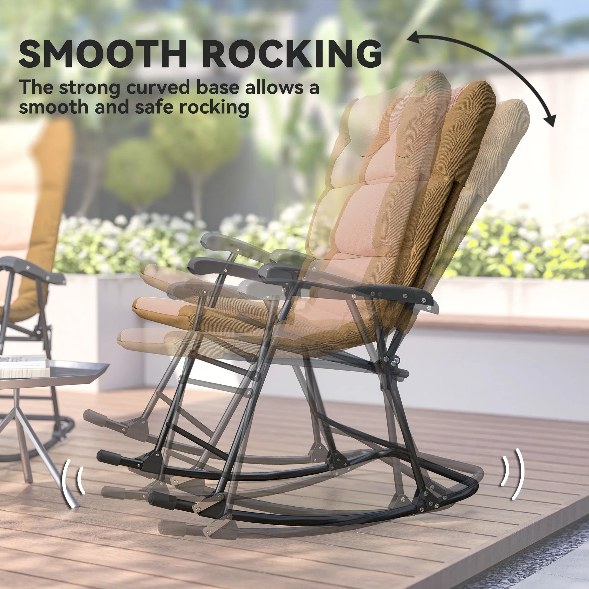 2pc Patio Foldable Rocking Chair Set w/ Soft Padded Seat, Backrest, and Headrest for park, backyard, garden, Light Brown