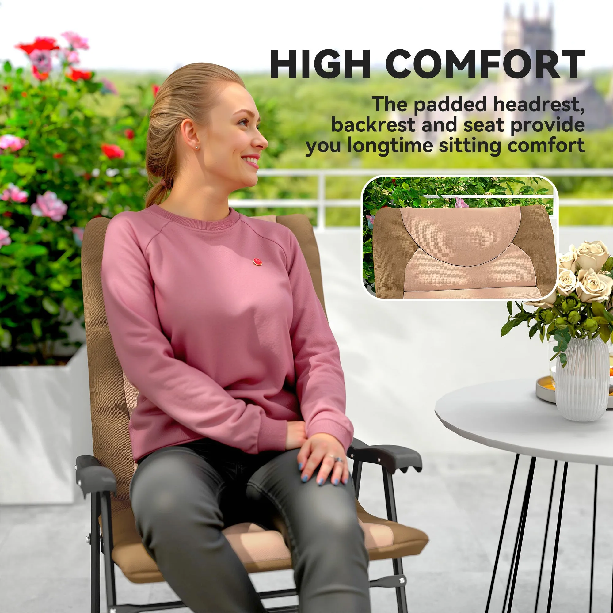 2pc Patio Foldable Rocking Chair Set w/ Soft Padded Seat, Backrest, and Headrest for park, backyard, garden, Light Brown