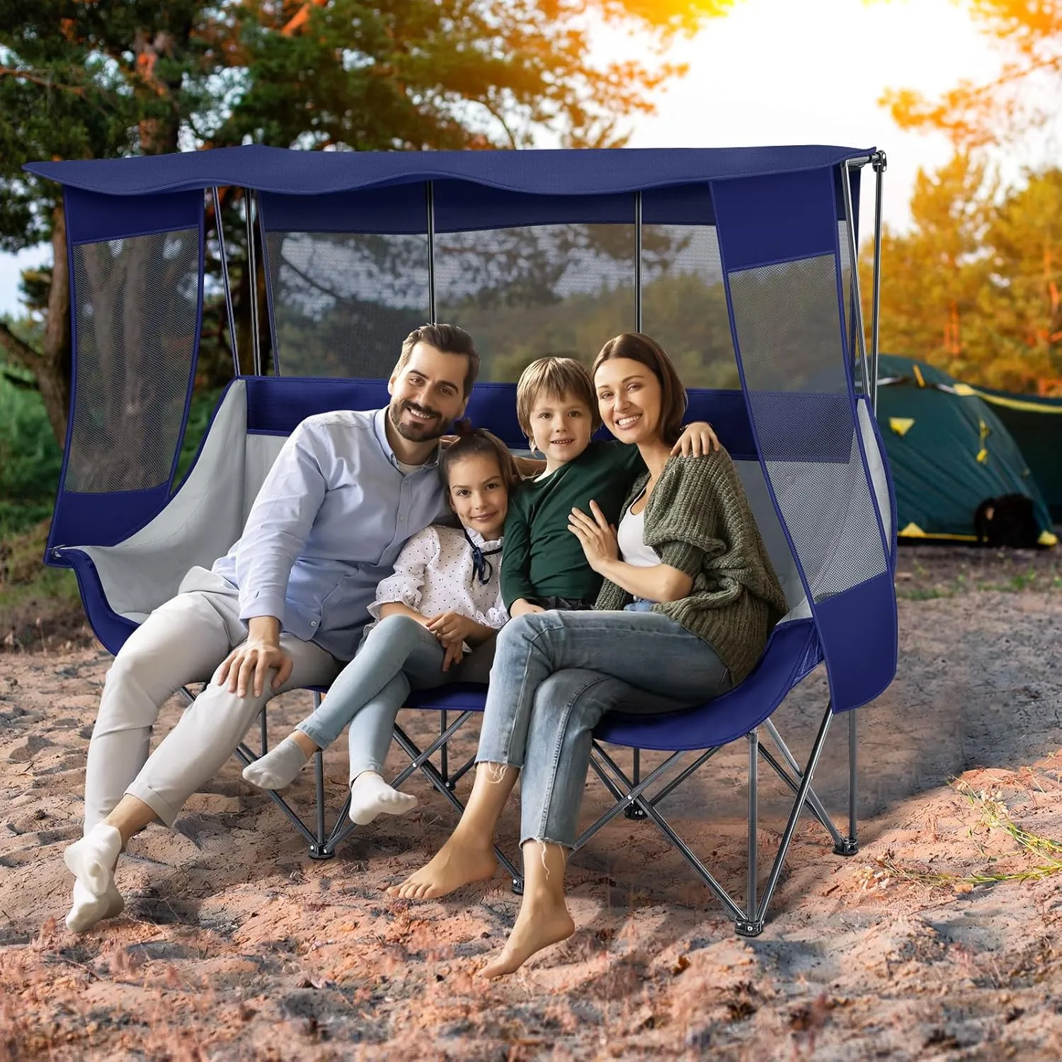 3 Person Camping Beach Chair with Canopy Shade Fully Padded Folding Outdoor Oversized Camping Sofa for 2-3 Person, Sturdy Loveseat Couch with Cup Holder and Carry Bag for Lawn Camp(Blue)