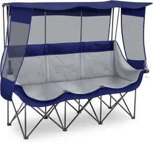 3 Person Camping Beach Chair with Canopy Shade Fully Padded Folding Outdoor Oversized Camping Sofa for 2-3 Person, Sturdy Loveseat Couch with Cup Holder and Carry Bag for Lawn Camp(Blue)