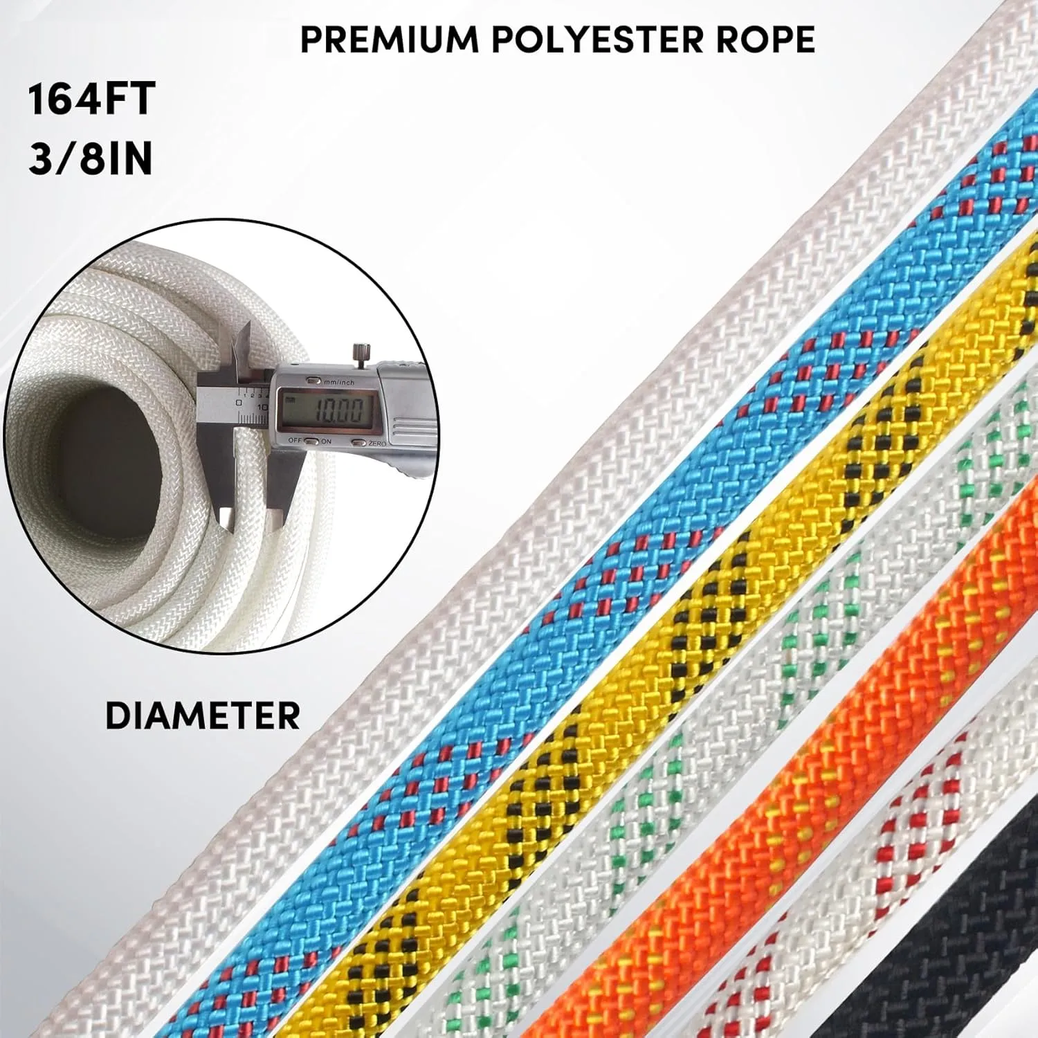 3/8 inch x 164 ft Braid Polyester Rope,Arborist Rigging Rope 3520lbs Breaking Strength Strong Pulling for Climbing,Camping,Sailing,Swings, etc. (White)