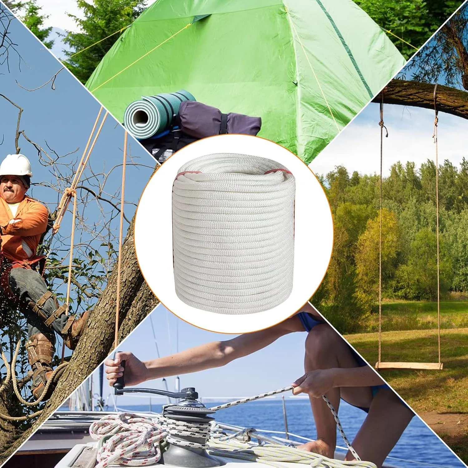 3/8 inch x 164 ft Braid Polyester Rope,Arborist Rigging Rope 3520lbs Breaking Strength Strong Pulling for Climbing,Camping,Sailing,Swings, etc. (White)
