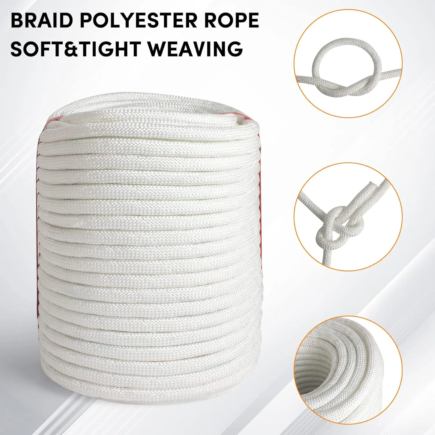 3/8 inch x 164 ft Braid Polyester Rope,Arborist Rigging Rope 3520lbs Breaking Strength Strong Pulling for Climbing,Camping,Sailing,Swings, etc. (White)