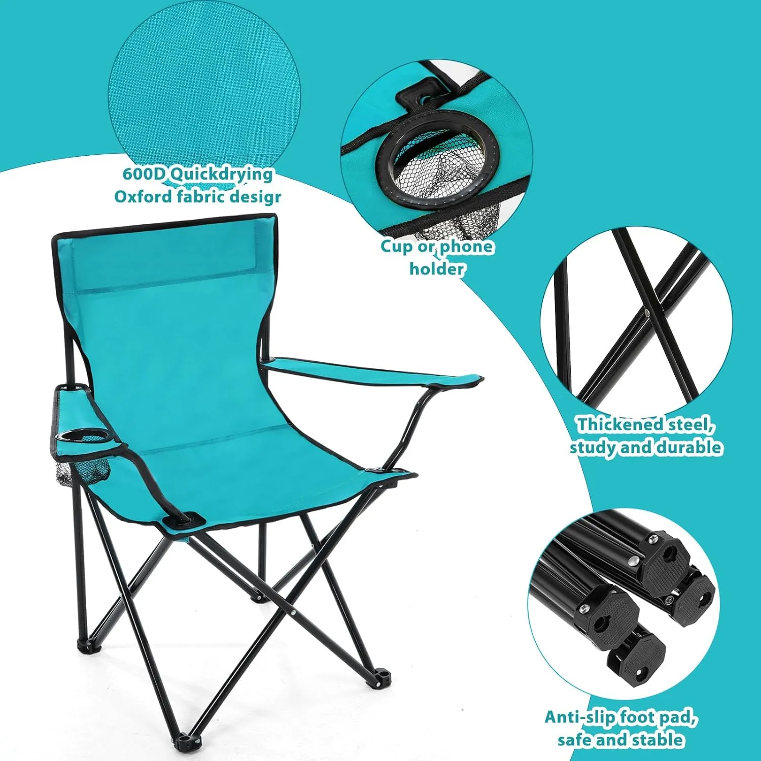 4 Pcs Folding Camping Chairs with Cupholder and Carry Bag Regular Size Portable Lightweight Lawn Chair with Mesh Side Pocket for Fishing Hiking Picnic Party Beach Outdoor Activity (Stylish)