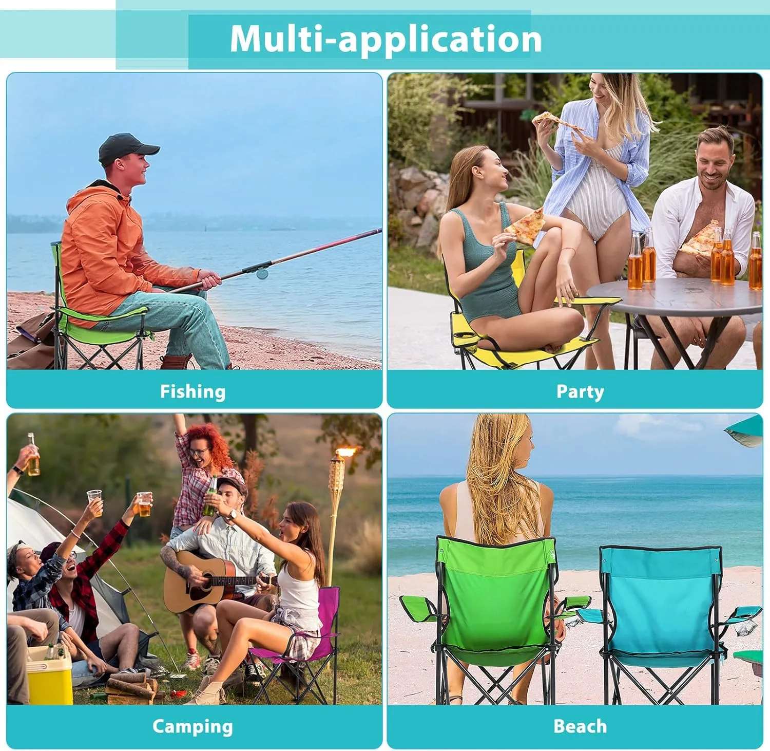4 Pcs Folding Camping Chairs with Cupholder and Carry Bag Regular Size Portable Lightweight Lawn Chair with Mesh Side Pocket for Fishing Hiking Picnic Party Beach Outdoor Activity (Stylish)