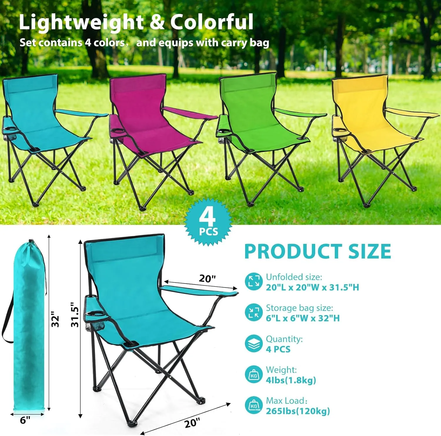 4 Pcs Folding Camping Chairs with Cupholder and Carry Bag Regular Size Portable Lightweight Lawn Chair with Mesh Side Pocket for Fishing Hiking Picnic Party Beach Outdoor Activity (Stylish)