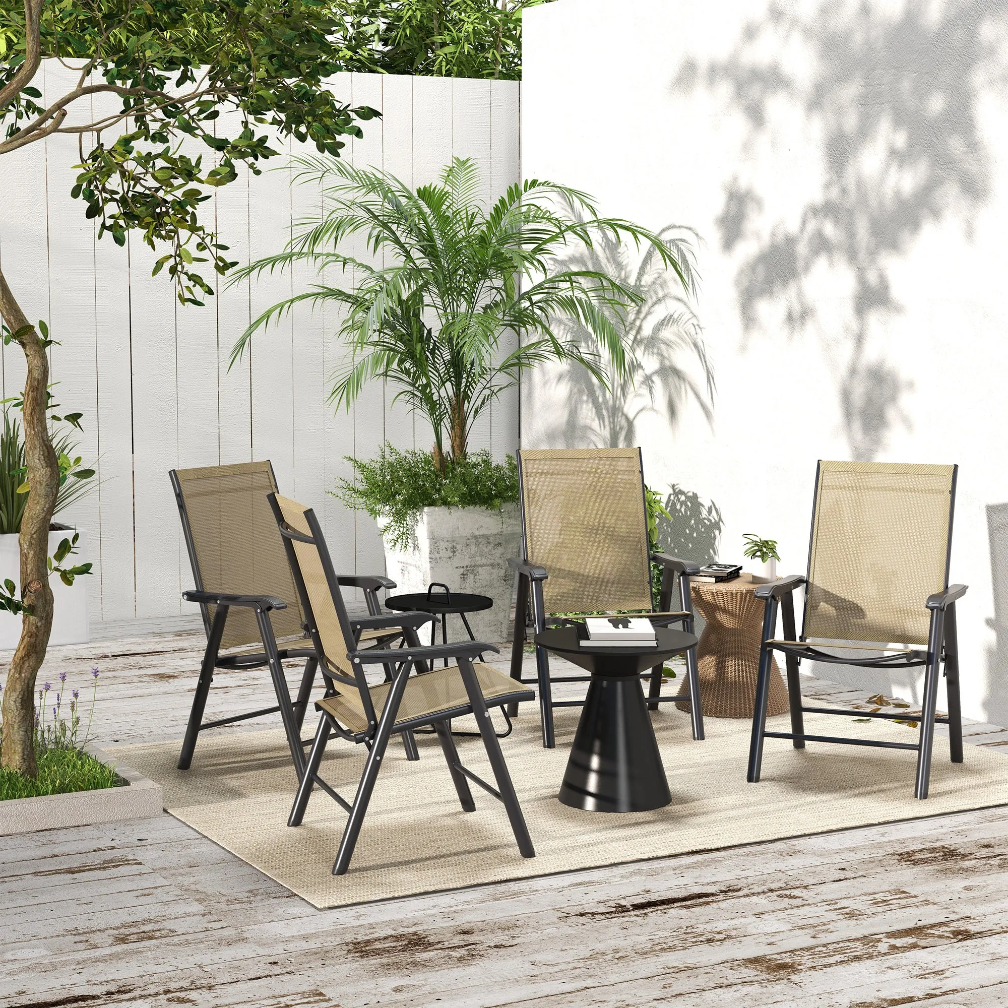 4-Piece Folding Dining Chair Set for Relaxing on Patio, Balcony, or Garden, Comfortable Outdoor Furniture with Armrests, Light Mixed Brown
