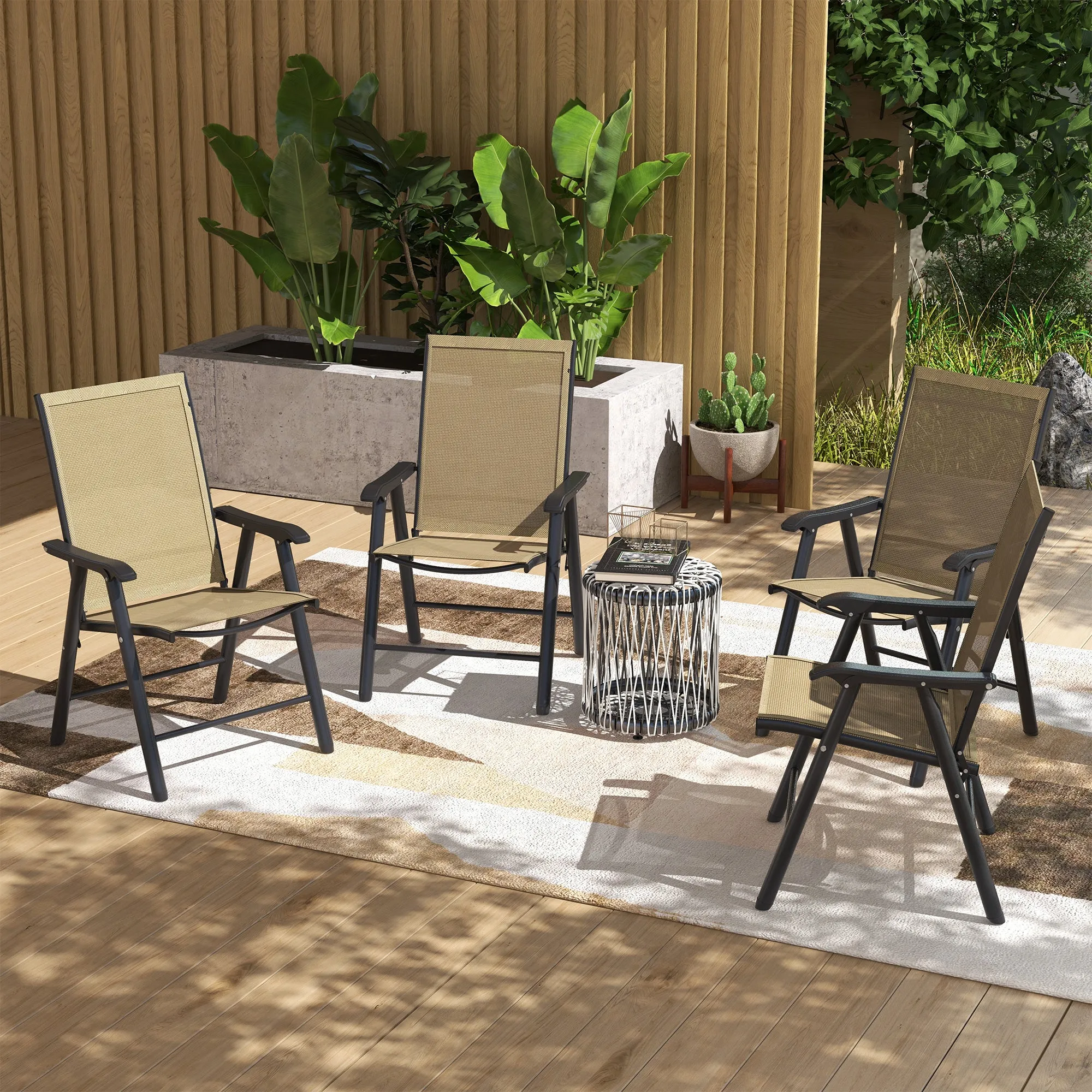 4-Piece Folding Dining Chair Set for Relaxing on Patio, Balcony, or Garden, Comfortable Outdoor Furniture with Armrests, Light Mixed Brown