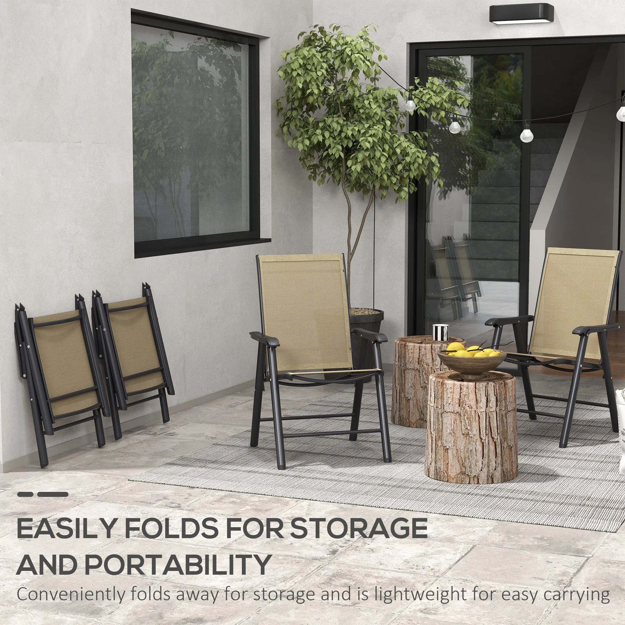 4-Piece Folding Dining Chair Set for Relaxing on Patio, Balcony, or Garden, Comfortable Outdoor Furniture with Armrests, Light Mixed Brown