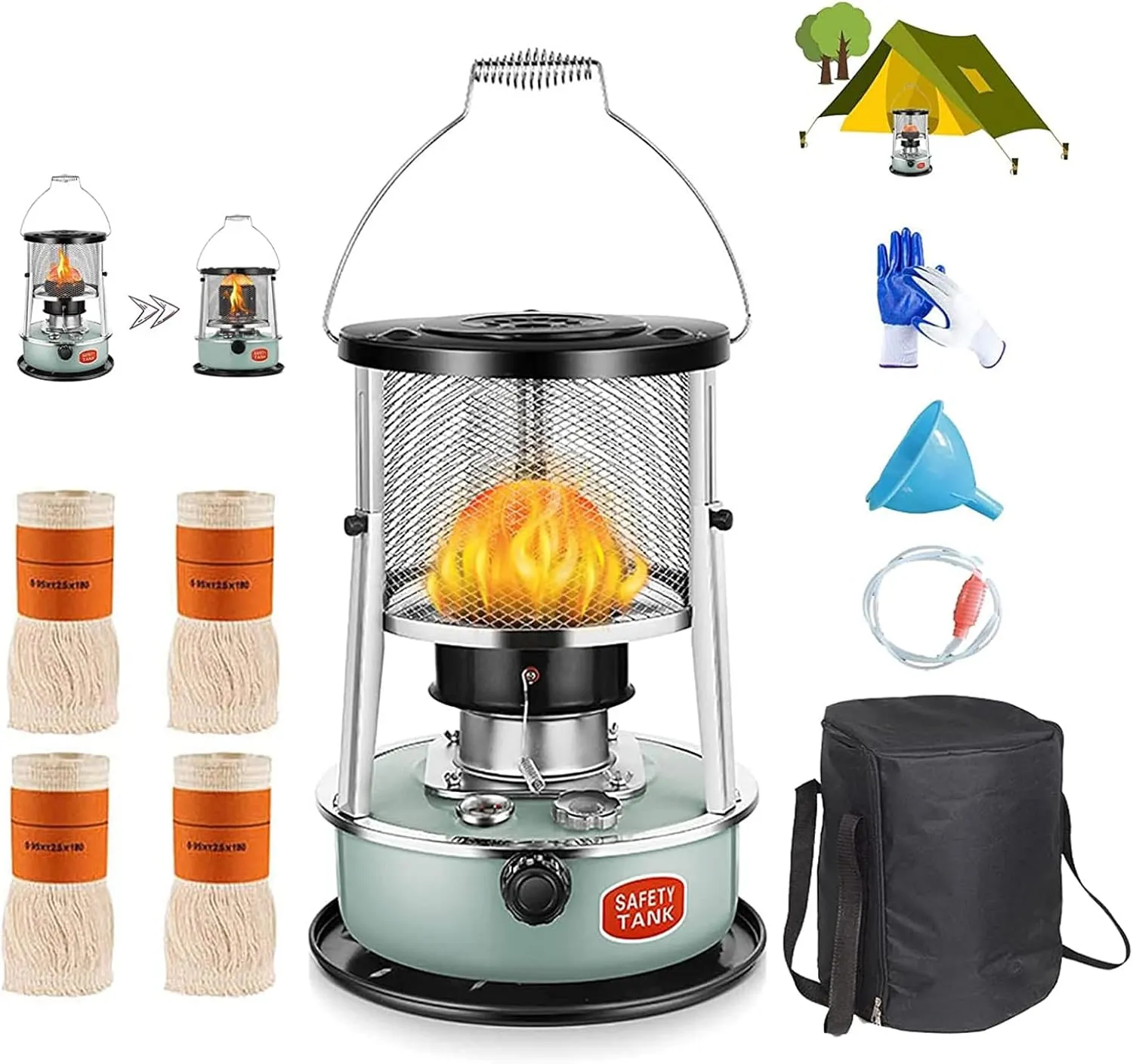 4.5L Kerosene Heater Stove for Indoor and Outdoor Use, Non Electric Heater for Camping Fishing and Survival Emergency, Portable Liftable Camping Stove, with 4 Wicks and 1 Pair of Gloves,Blue