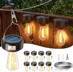 addlon Solar Lights Outdoor Waterproof 8 Packs, Solar Powered Lights for Outside DIY for Fence Deck Patio Garden Porch Lantern Post Backyard Decor Dusk to Dawn Hanging String with 50FT Steel Rope